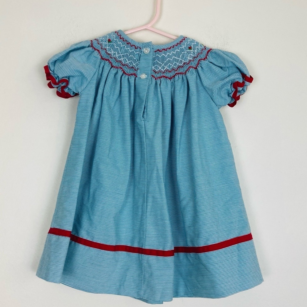 Lulu Bebe blue and white striped smocked dress with red embroidered floral. 12m - Picture 4 of 7
